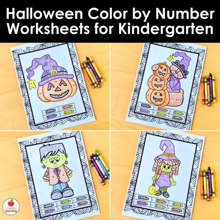 Four colored Halloween color by number worksheets for kindergarten with crayons, including Frankenstein and a witch