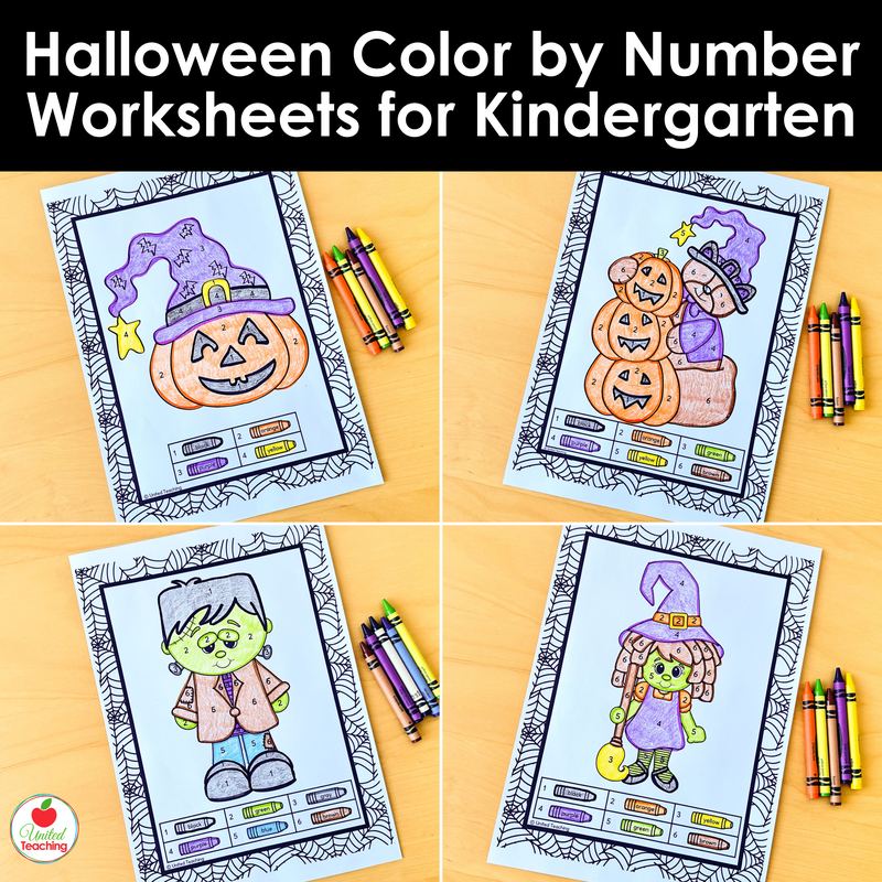 Four colored Halloween color by number worksheets for kindergarten with crayons, including Frankenstein and a witch