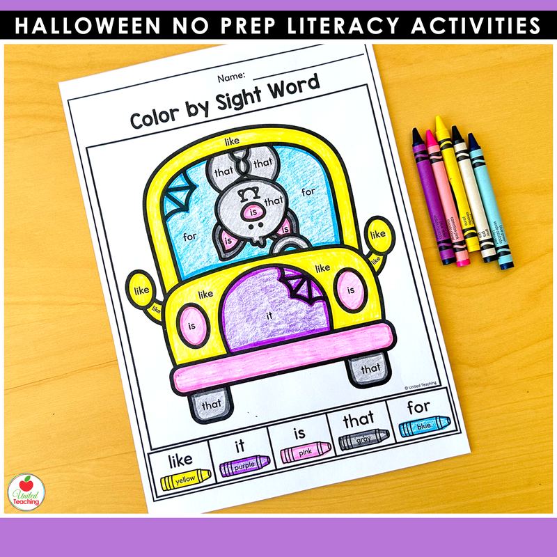 Halloween color by sight word worksheet for kindergarten, a school bus colored by sight words