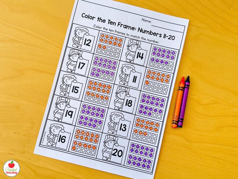 Halloween color the ten frame worksheet for numbers 11 to 20 for kindergarten