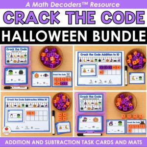 Halloween Crack the Code addition and subtraction task cards and mats bundle cover for kindergarten and first grade