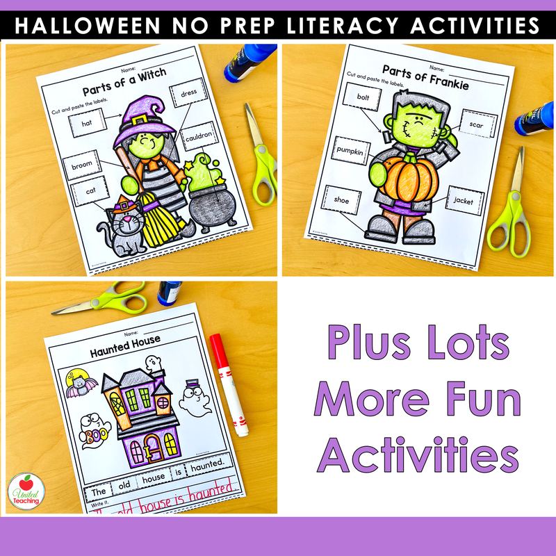 Halloween labeling and sentence worksheets for kindergarten, parts of a witch and a haunted house