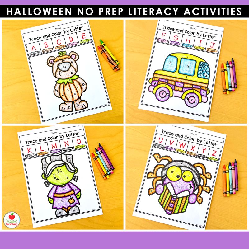 Halloween trace and color by letter worksheets for kindergarten, a bear, a bus, and a spider