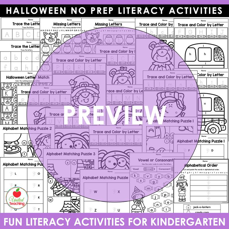 Preview of Halloween alphabet and letter recognition worksheets for kindergarten
