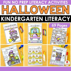 Halloween literacy worksheets for kindergarten cover, 69 pages of no prep Halloween literacy activities