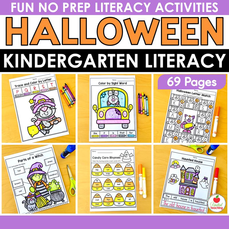 Halloween literacy worksheets for kindergarten cover, 69 pages of no prep Halloween literacy activities