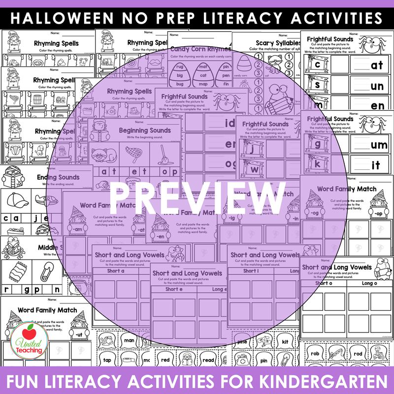 Preview of Halloween rhyming, syllables, word family, and vowel worksheets for kindergarten