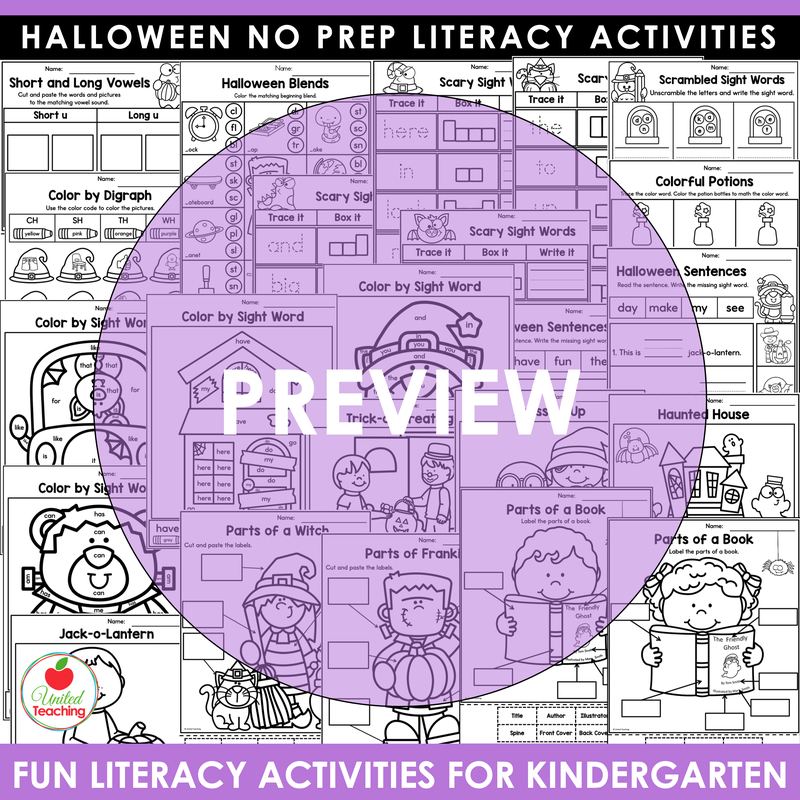 Preview of Halloween sight word, blends, labeling, and sentence worksheets for kindergarten