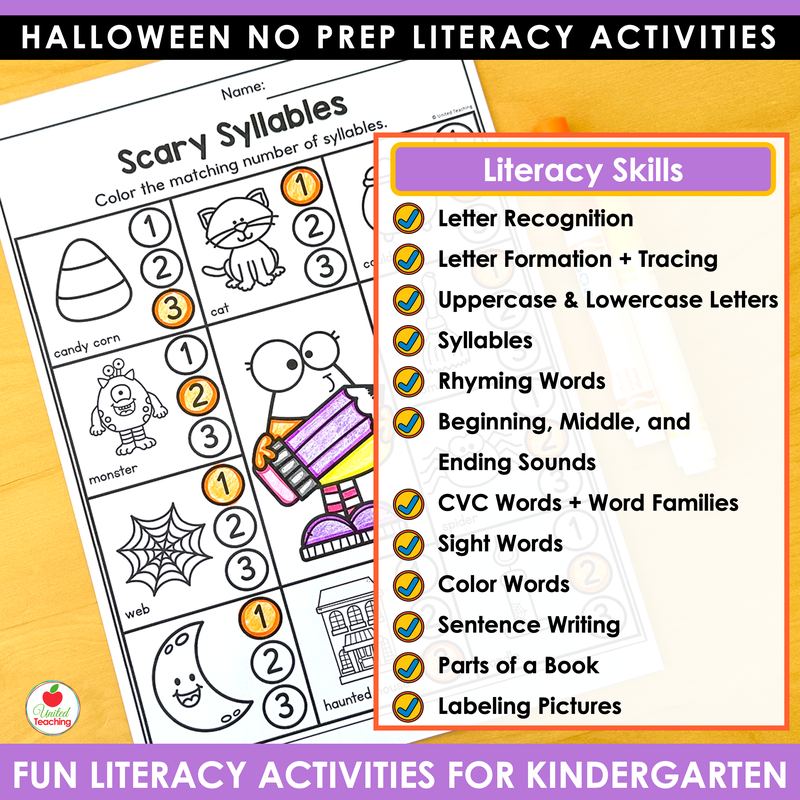 Halloween literacy worksheets for kindergarten skills list with a Scary Syllables coloring page