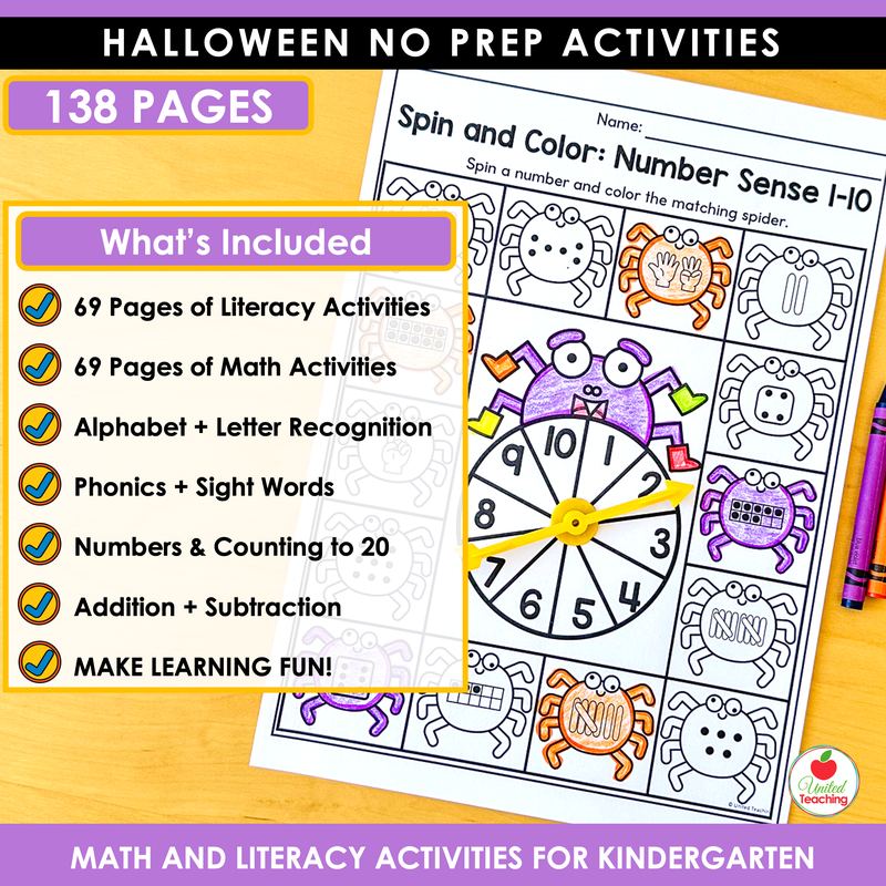 Halloween math and literacy bundle for kindergarten, what's included list with a spin and color number sense page