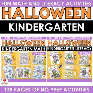 Halloween math and literacy worksheets for kindergarten bundle cover, 138 no prep pages