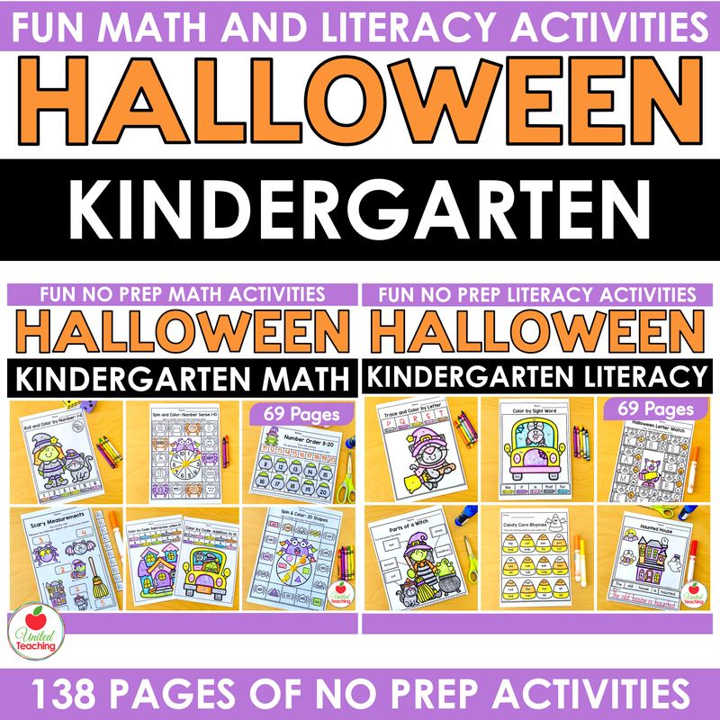 Halloween math and literacy worksheets for kindergarten bundle cover, 138 no prep pages