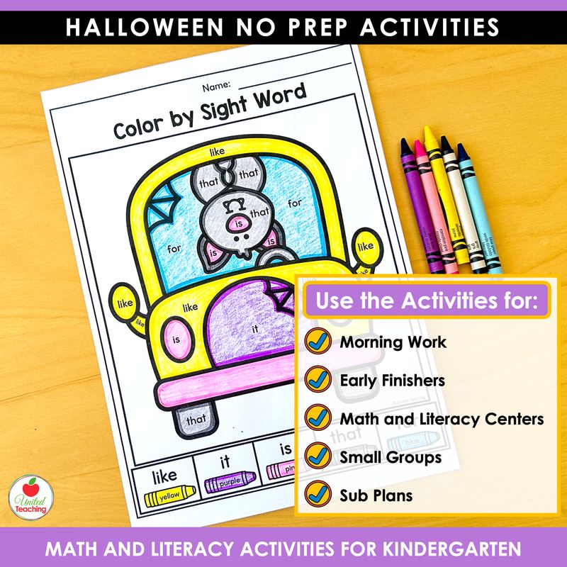 Halloween math and literacy worksheets for kindergarten, color by sight word school bus and ways to use the activities