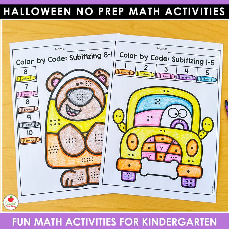 Halloween color by code math worksheets for kindergarten, subitizing 1-5 and 6-10 colored in