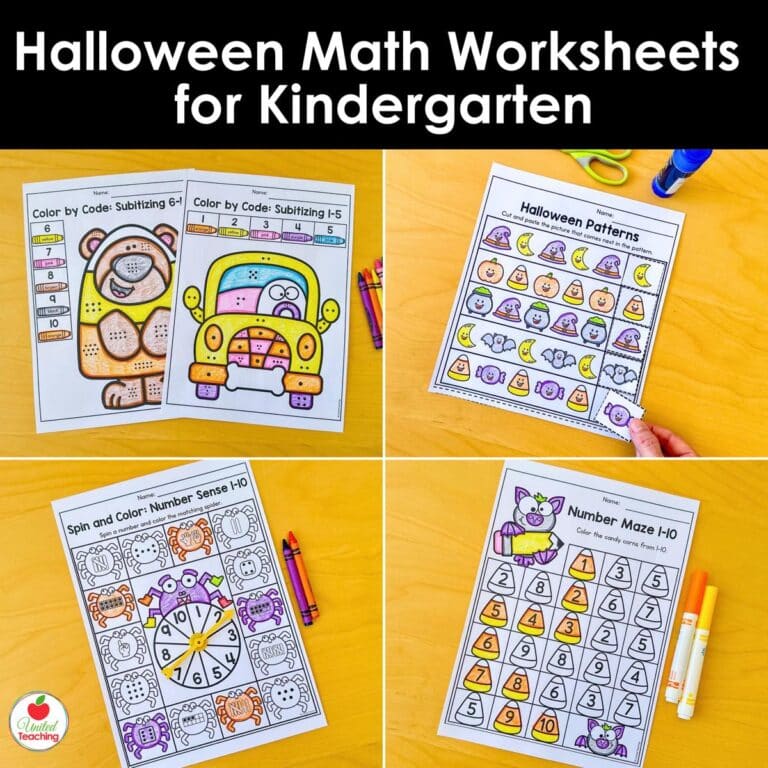 Halloween math worksheets for kindergarten with color by code subitizing, patterns, spin and color, and a number maze