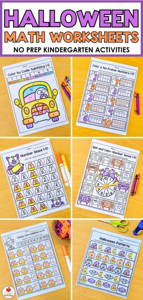Halloween math worksheets for kindergarten with color by code subitizing, ten frames, a number maze, addition, and patterns