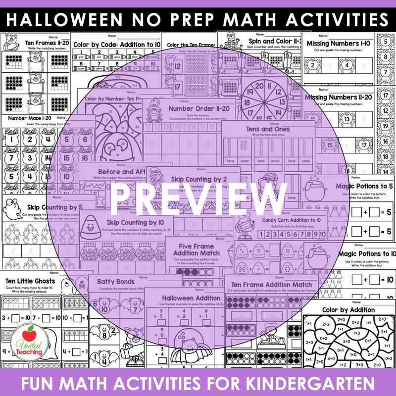 Preview of Halloween addition, subtraction, and skip counting worksheets for kindergarten