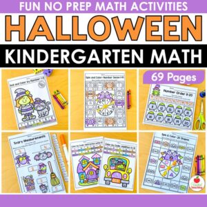 Halloween math worksheets for kindergarten cover, 69 pages of no prep Halloween math activities