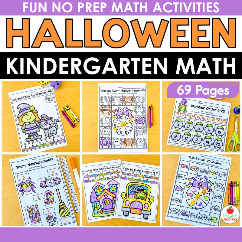 Halloween math worksheets for kindergarten cover, 69 pages of no prep Halloween math activities