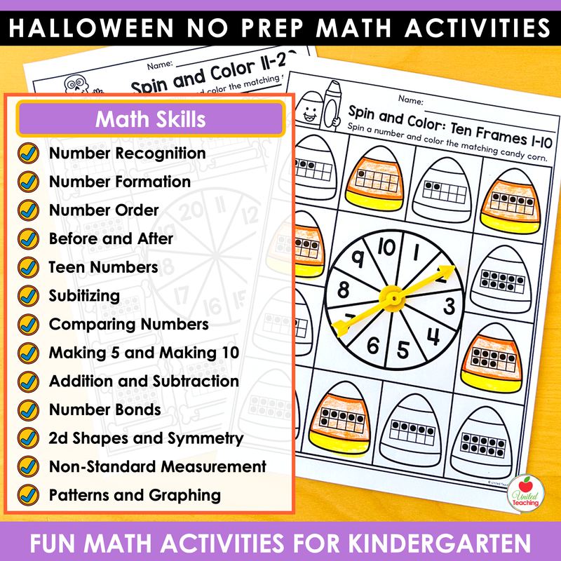 Halloween math worksheets for kindergarten skills list with a spin and color ten frames page