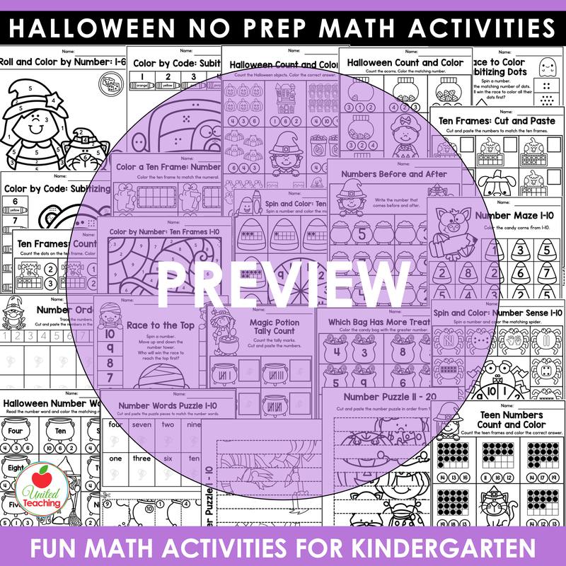 Preview of Halloween number and counting worksheets for kindergarten from the 69 page packet