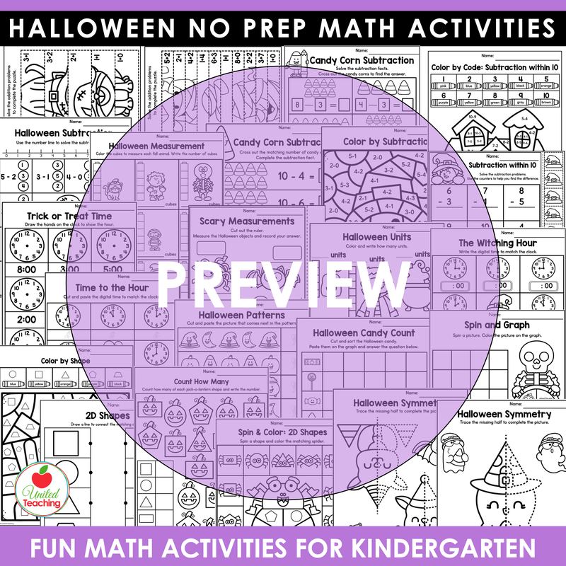Preview of Halloween measurement, time, shapes, and graphing worksheets for kindergarten