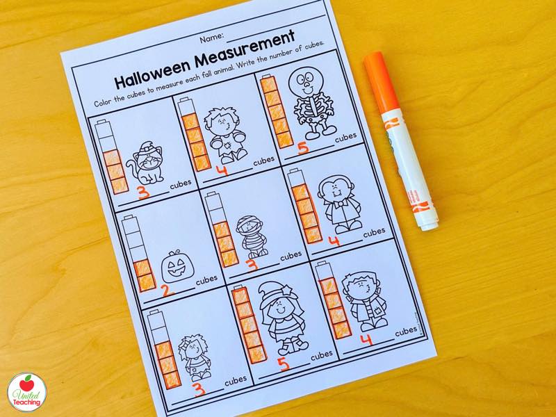 Halloween measurement worksheet for kindergarten, color the cubes and write how many cubes tall