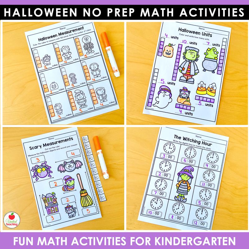 Halloween measurement and time worksheets for kindergarten, cubes, rulers, and time to the hour