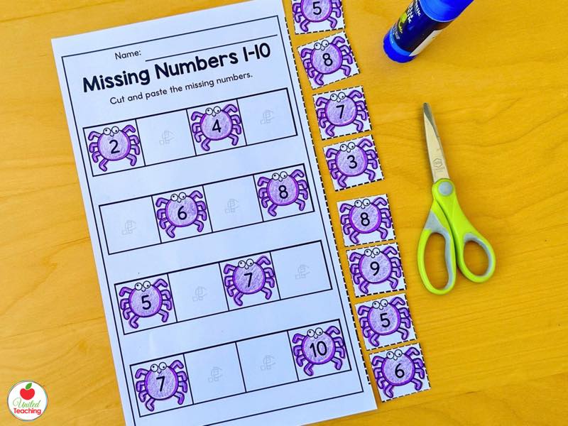 Halloween missing numbers 1 to 10 cut and paste worksheet with spider number cards