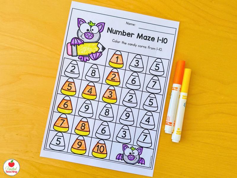 Halloween number maze 1 to 10 worksheet, color the candy corns in order from 1 to 10