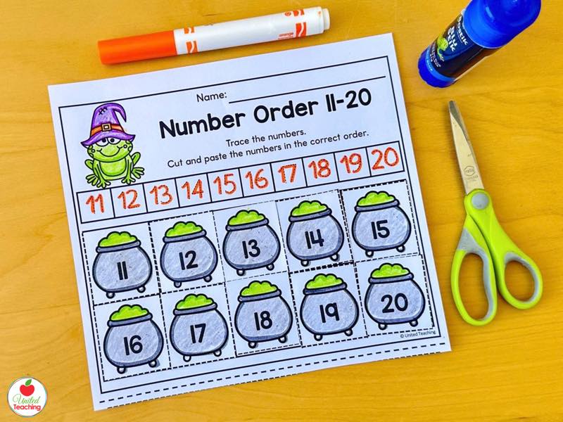 Halloween number order 11 to 20 worksheet, trace the numbers and cut and paste the cauldrons in order