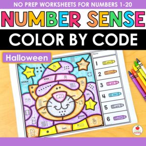 Halloween Number Sense Color by Code cover, 20 no prep color by number worksheets for numbers 1-20