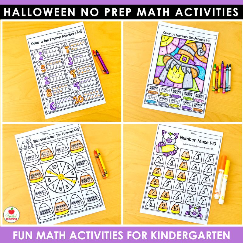 Halloween number sense worksheets for kindergarten, ten frames, color by number, and a number maze