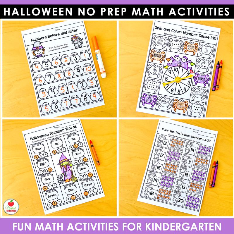 Halloween number words and before and after worksheets for kindergarten with ten frames to 20