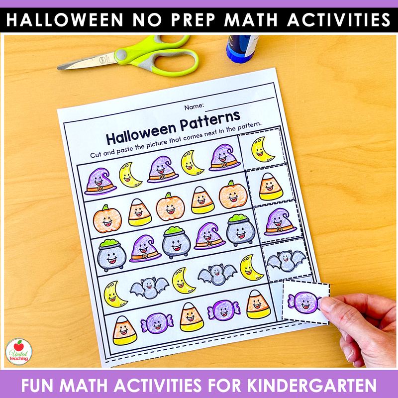 Halloween patterns worksheet for kindergarten, cut and paste the picture that comes next
