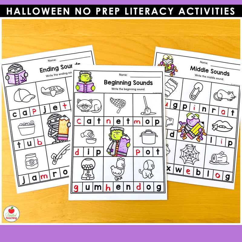 Halloween phonics worksheets for kindergarten, beginning, middle, and ending sounds with a mummy