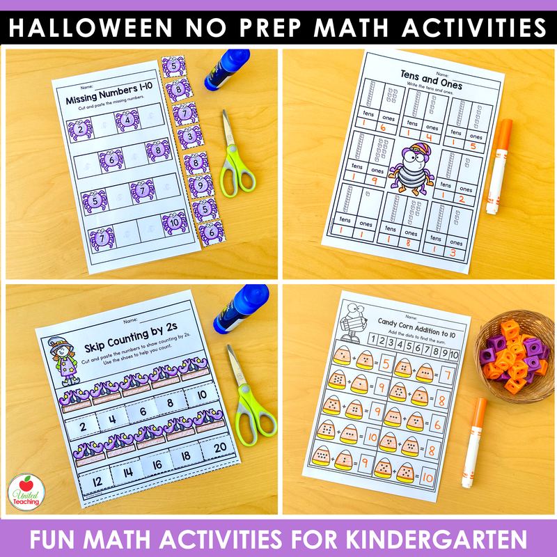 Halloween place value and skip counting worksheets for kindergarten, missing numbers and tens and ones