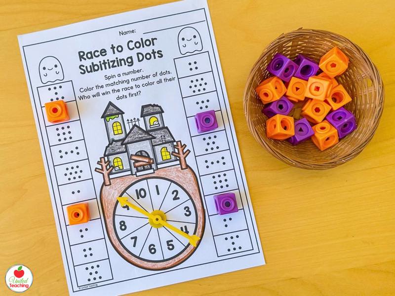 Race to Color Subitizing Dots Halloween partner game with a spinner and math cubes