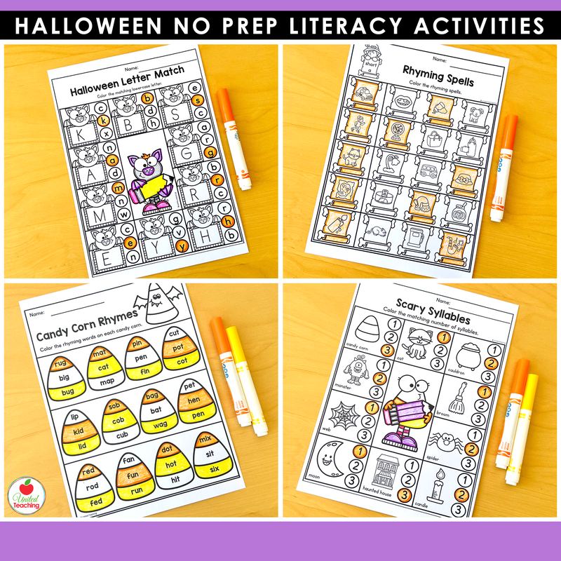 Halloween rhyming and syllables worksheets for kindergarten, letter match, candy corn rhymes