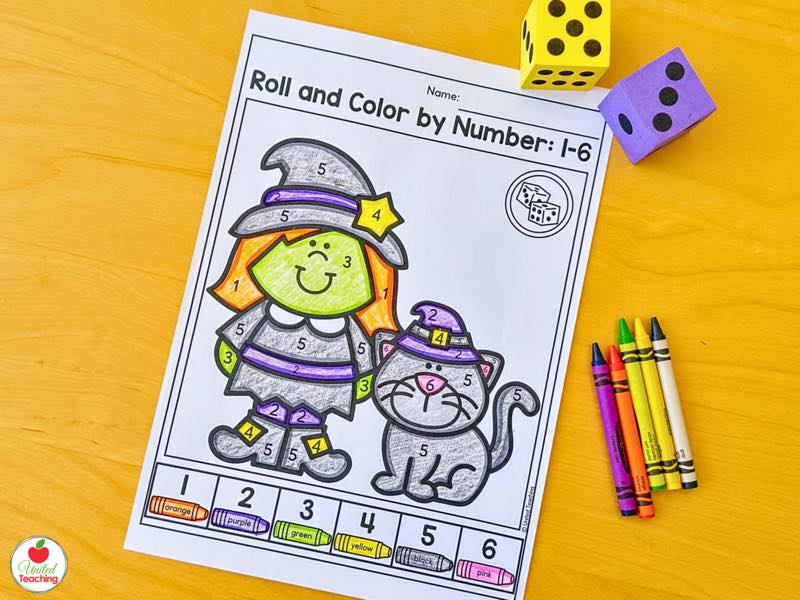 Halloween roll and color by number 1 to 6 worksheet with two dice and a witch and cat