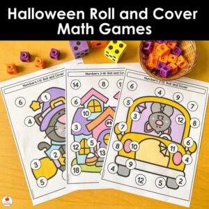 Halloween Roll and Cover Math Games with three printable game boards, dice, and snap cubes