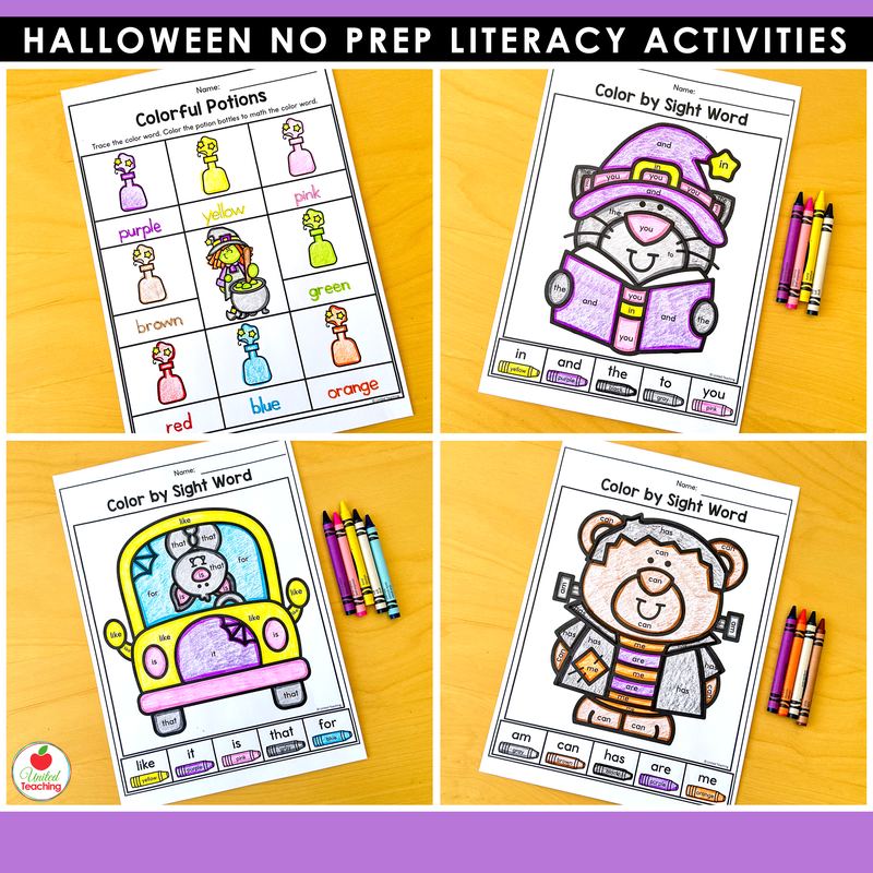 Halloween color by sight word worksheets for kindergarten with a witch, a bus, and color words