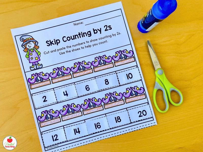Halloween skip counting by 2s cut and paste worksheet for kindergarten