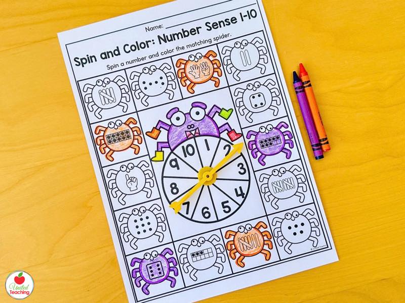 Halloween spin and color number sense 1 to 10 worksheet, color the spider with the matching number form