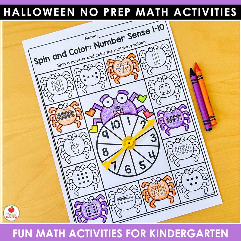Halloween spin and color number sense worksheet for kindergarten with a spider spinner