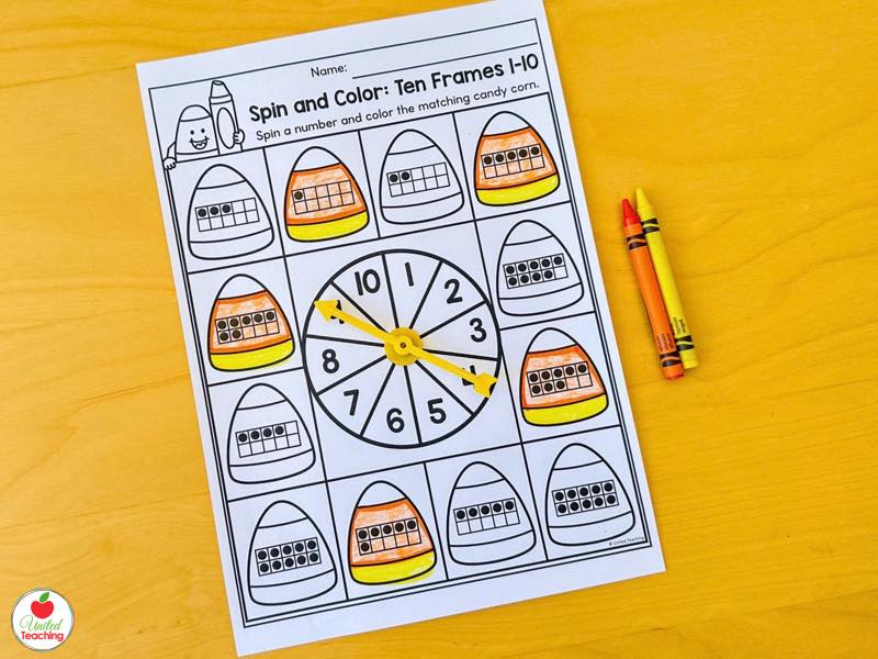 Halloween spin and color ten frames 1 to 10 worksheet with candy corn and a spinner