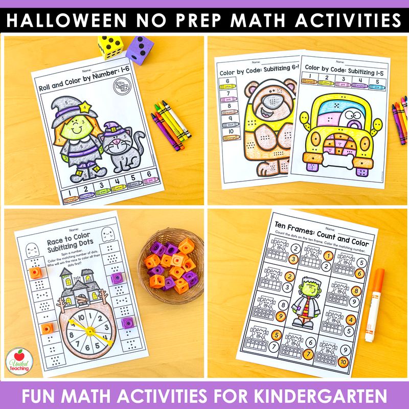 Halloween subitizing worksheets for kindergarten, roll and color, race to color dots, and ten frames