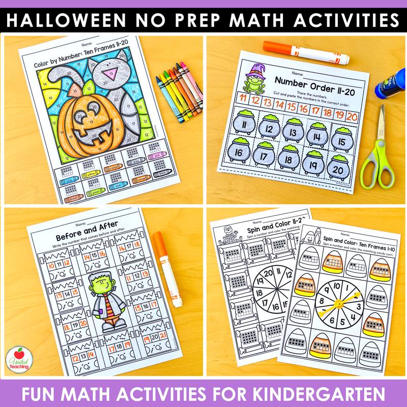 Halloween teen number worksheets for kindergarten, number order 11-20, before and after, spin and color