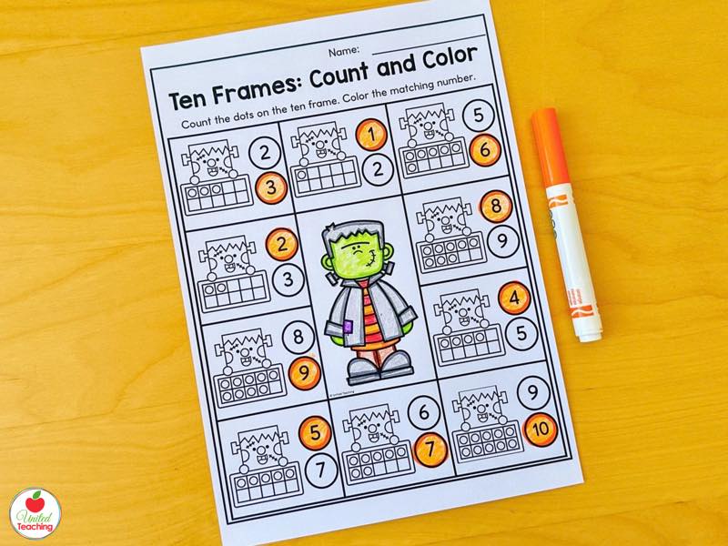 Halloween ten frames count and color worksheet, count the dots and color the matching number