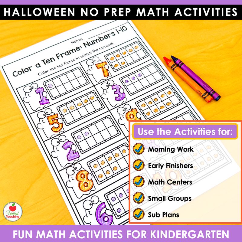 Halloween color a ten frame worksheet for kindergarten, numbers 1 to 10 with candy corn ten frames